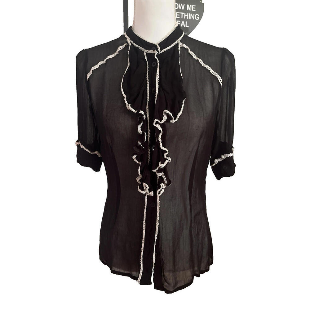 VTG Black Sheer Ruffle Blouse S - Isabel Marant Style Witchy Romantic Gothic
